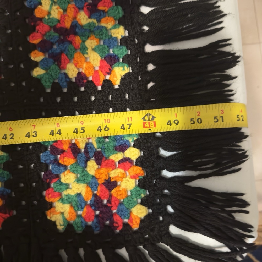 Vtg Handmade Crochet Knit Granny Square Throw Blanket Cottagecore Black Fringe - Picture 6 of 10